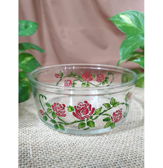 Round Glass Base Bowl with Rose Design